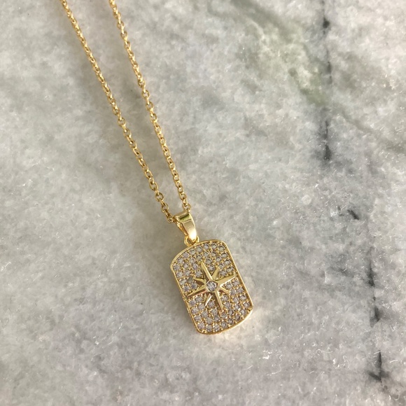 Stainless Steel Eight-Pointed Star Simulated Diamond Gold Pendant Necklace - Picture 3 of 5